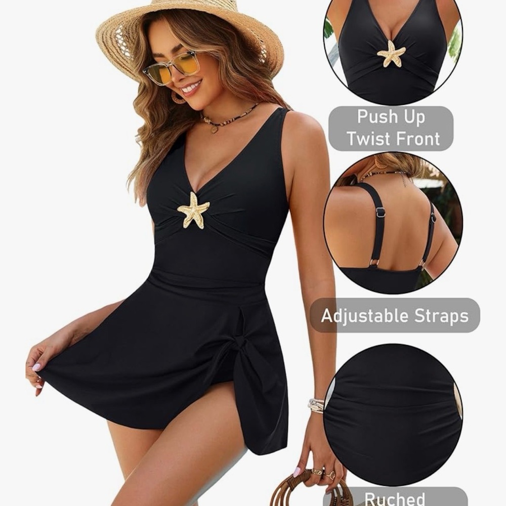 Black V-Neck One-Piece Swimsuit with Gold Starfish Accent - Picture 3 of 3